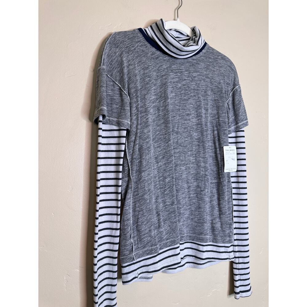 NWT Free People Two Fer Stripe Turtleneck Heater Grey Combo Layered Top Medium - Picture 3 of 7
